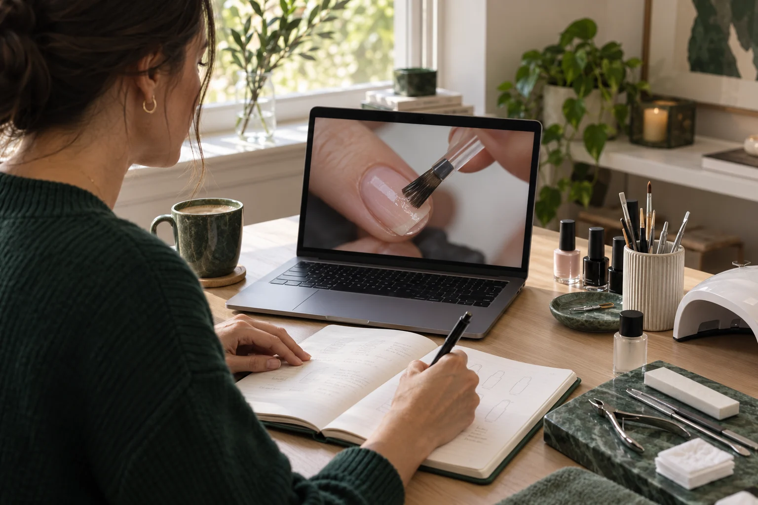 Illustrative photograph of a learner watching an online nail lesson on a laptop and taking notes