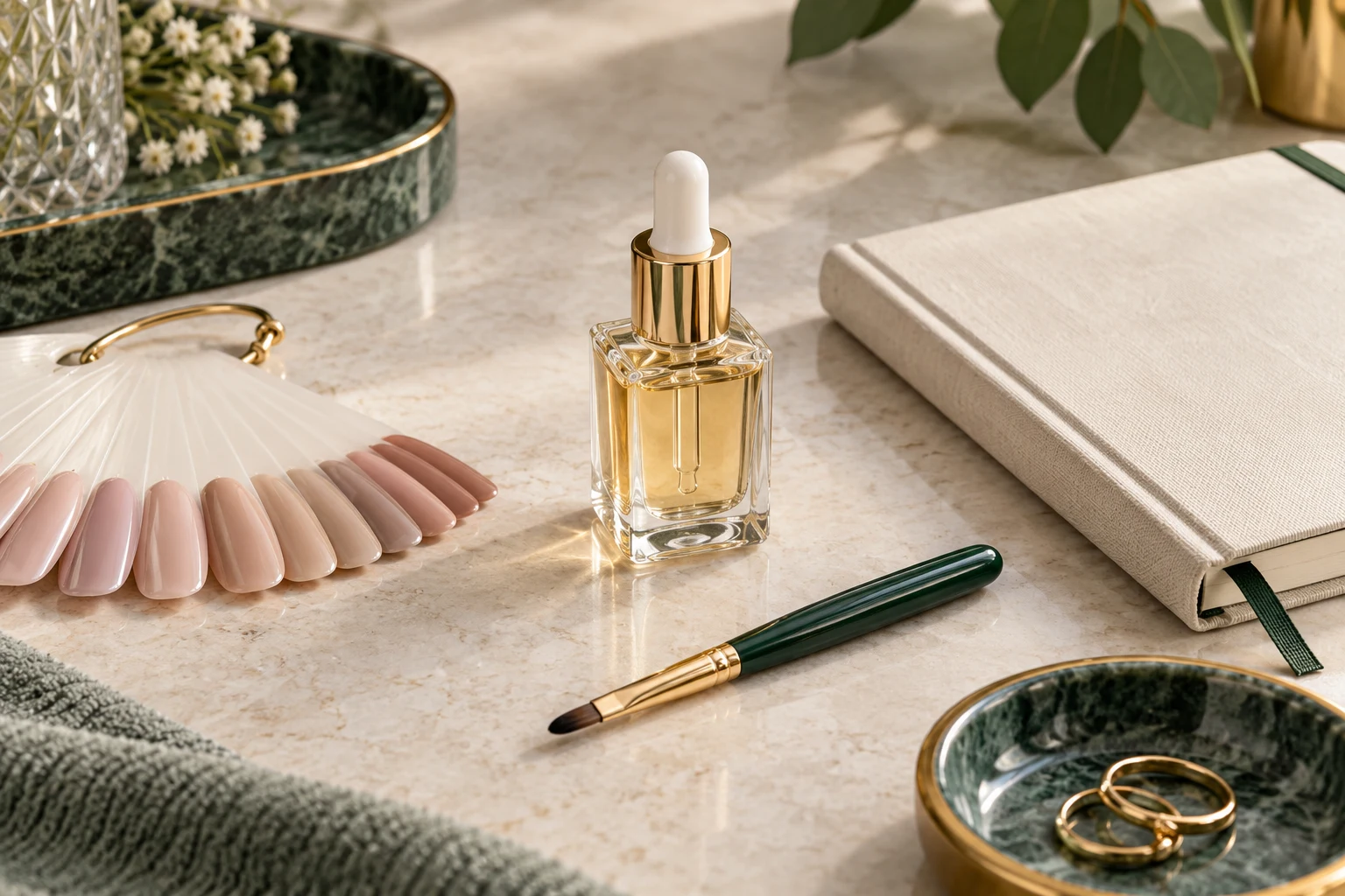 Editorial still life of nail tools, a workbook and cuticle oil
